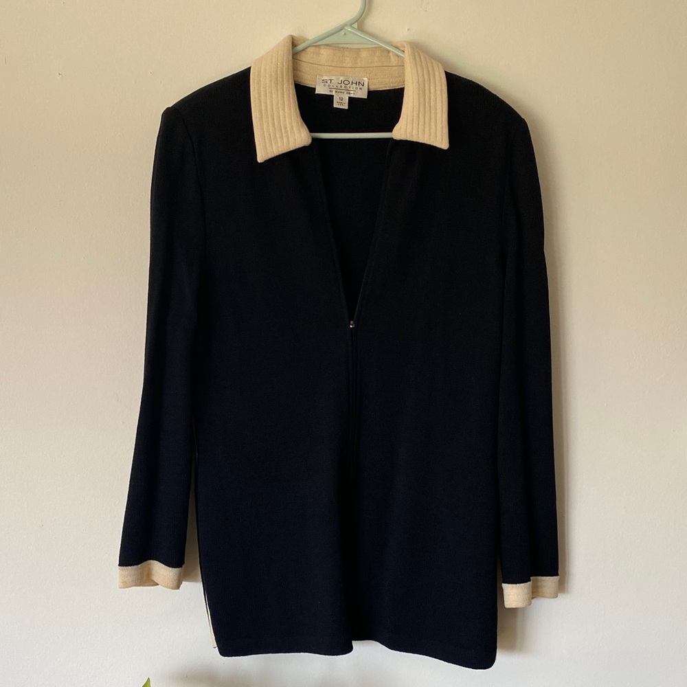 St John woven knit long sleeve collared black cream jacket blazer sweater